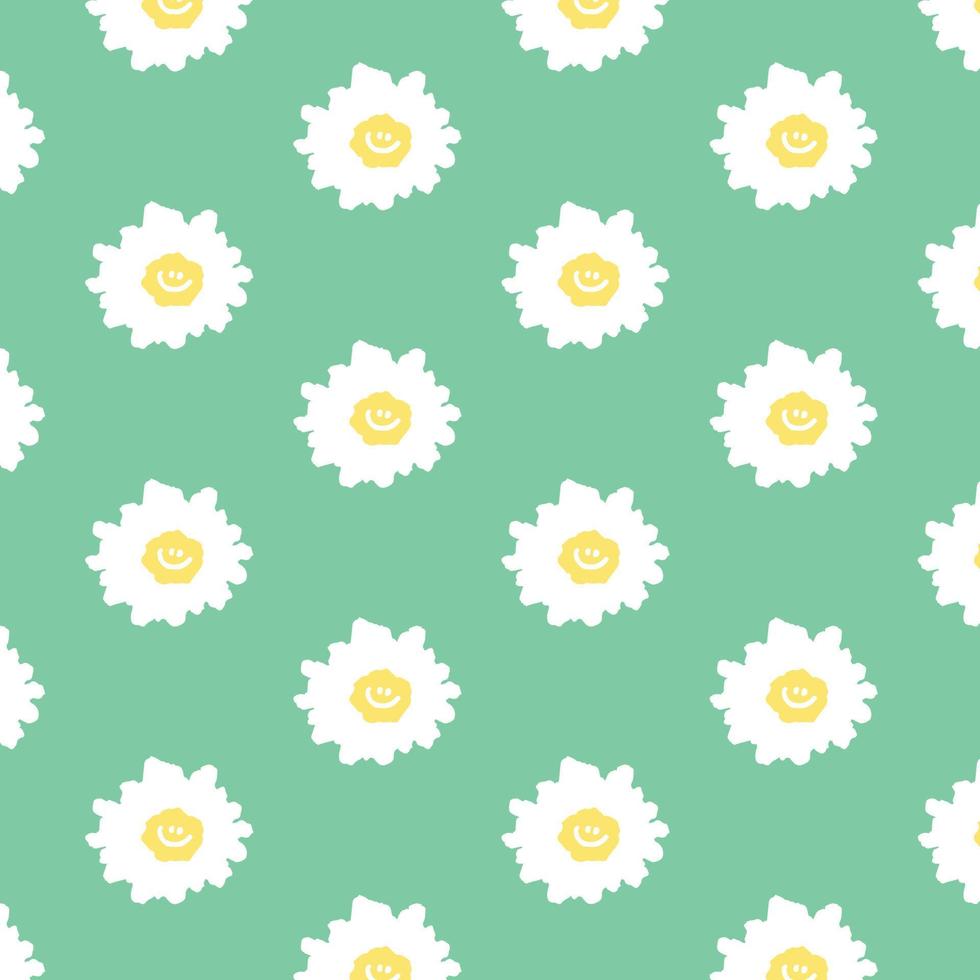 Hand drawn vector illustration of daisy flower with smiley face pattern in cartoon style. Pattern for textile, fabric, wrapping paper.