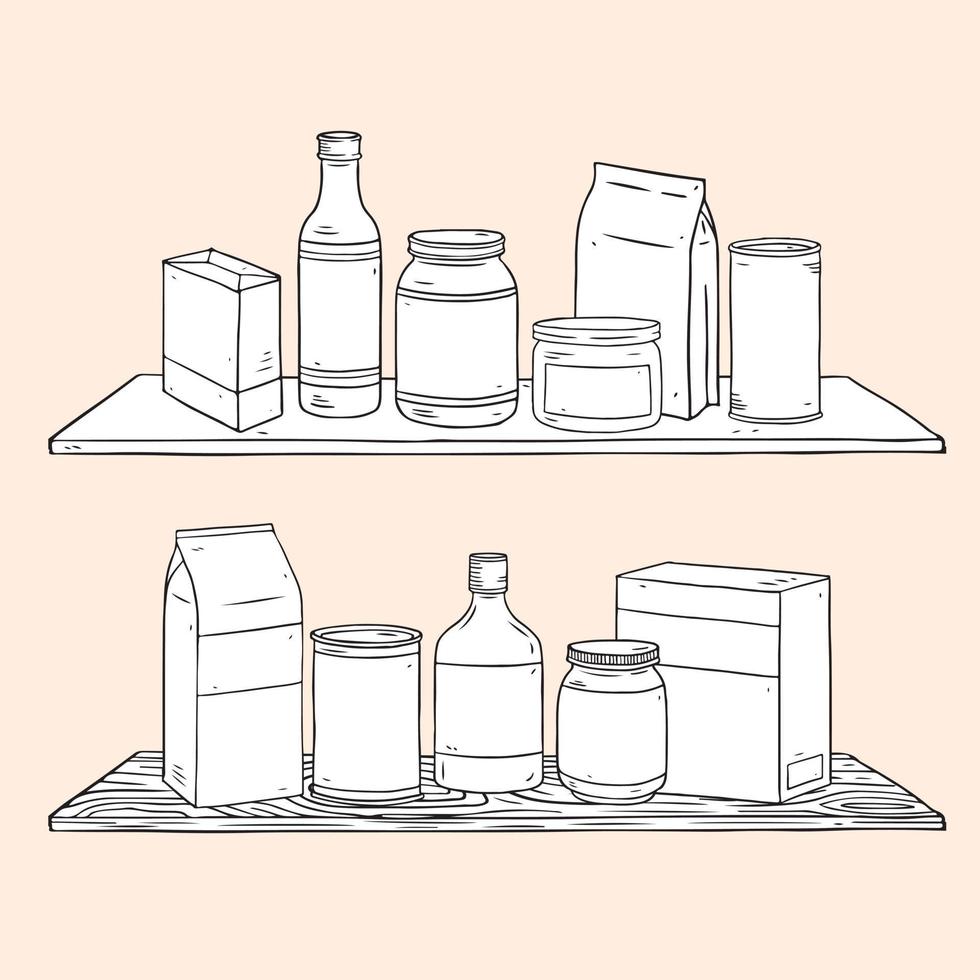 conjunto de condimentos ilustración vectorial dibujada a mano con botella, lata, caja, tarro de vasos, diferentes salsas en estantes de madera vector