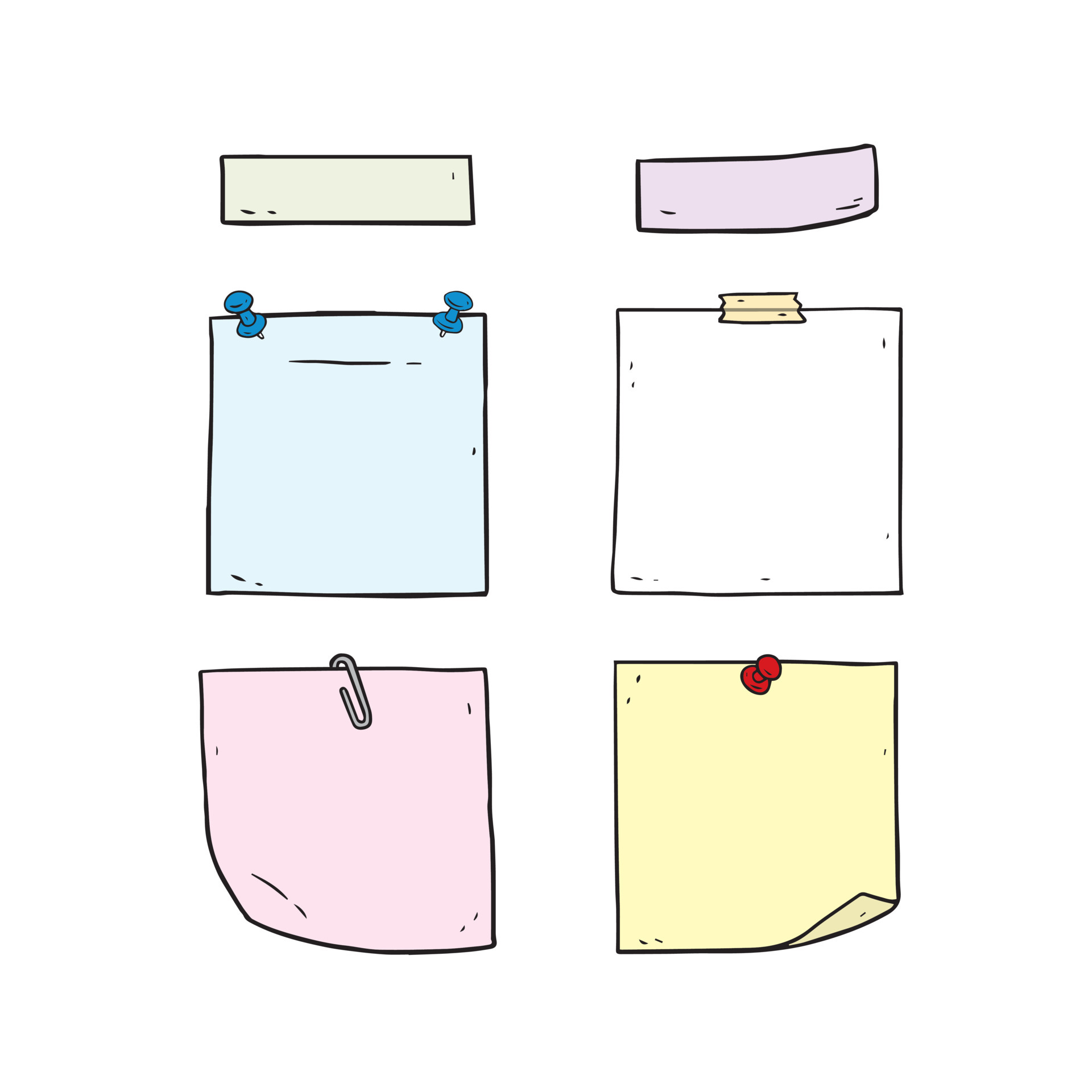Hand drawn vector illustration of post it notes set on white background