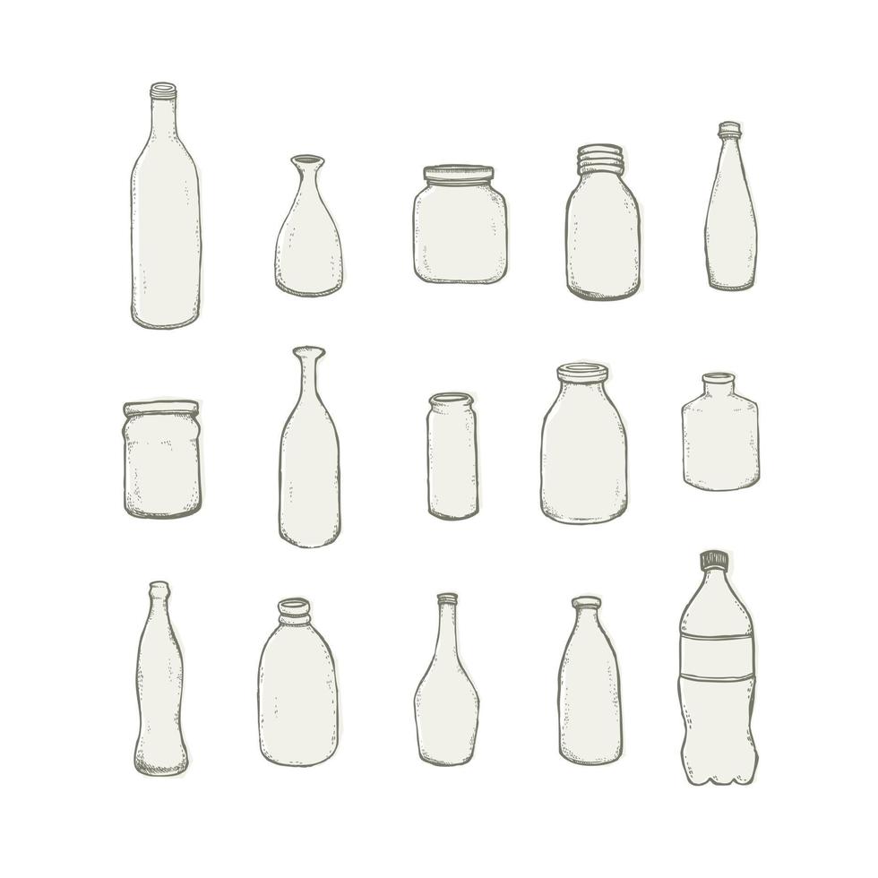 Hand drawn vector illustration of bottles set. Isolated on white.