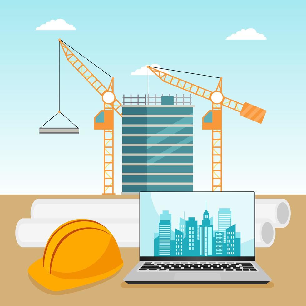 Construction Engineer Building Review Design on Site. Contractor Line Business. Vector Design Illustration