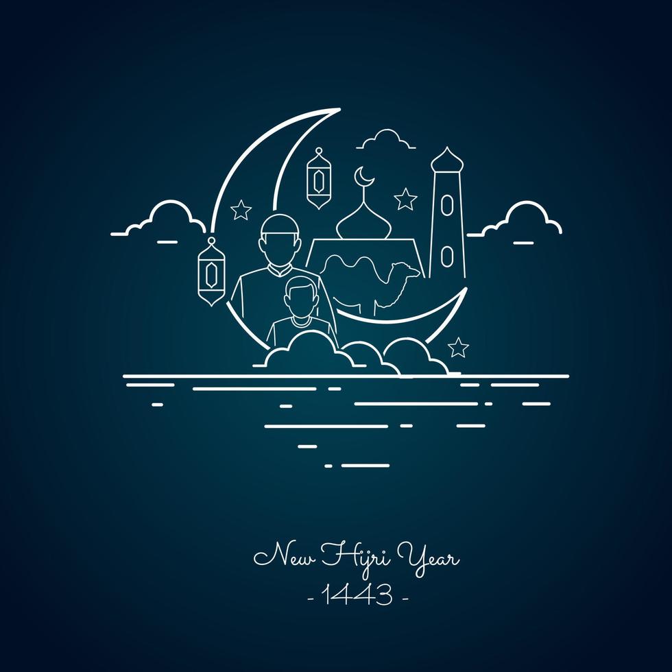 Vector illustration of happy new Hijri year 1443. Happy. Graphic design for the decoration of gift certificates, banners and flyer. Translation is Happy Islamic New Year