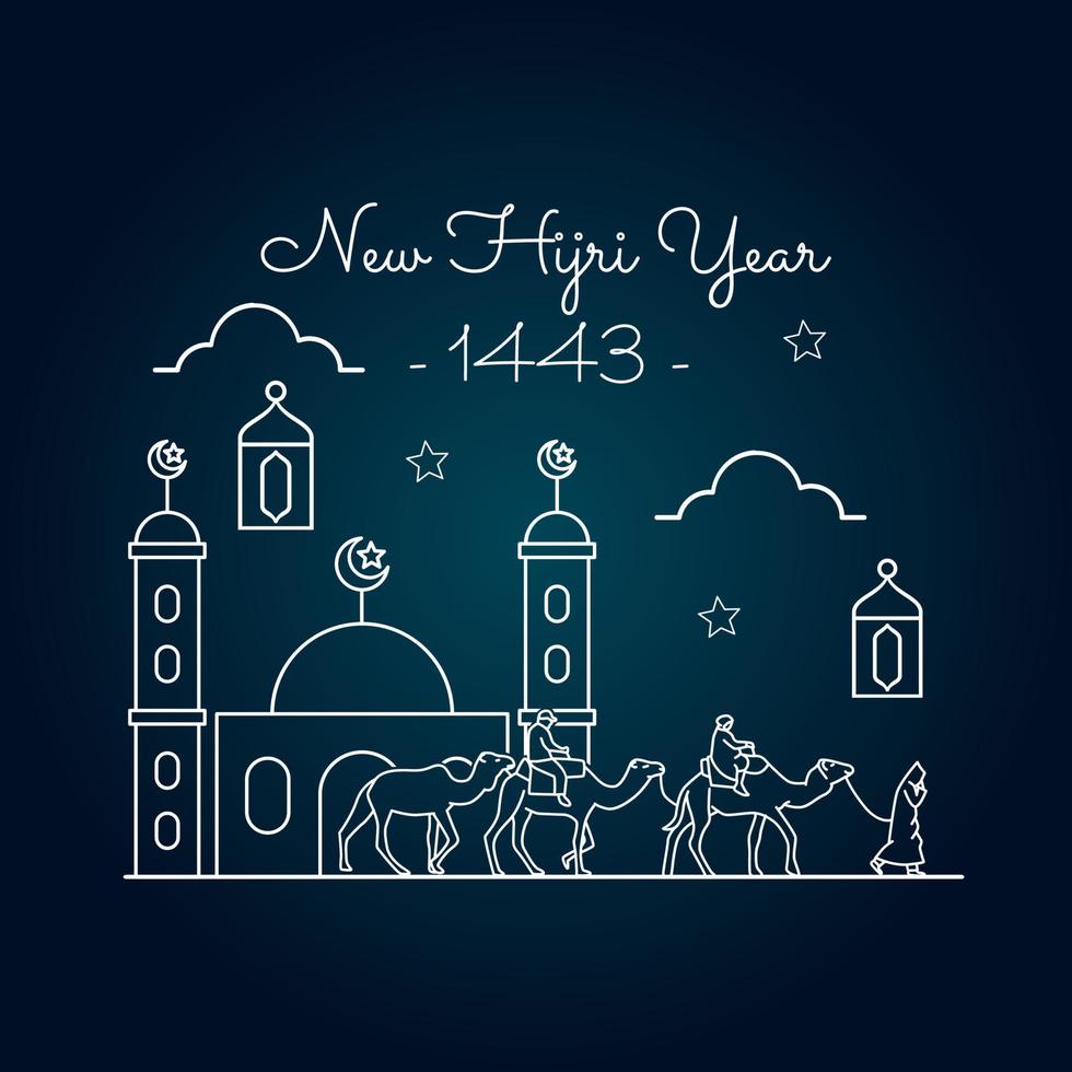 Vector illustration of happy new Hijri year 1443. Happy. Graphic design for the decoration of gift certificates, banners and flyer. Translation is Happy Islamic New Year