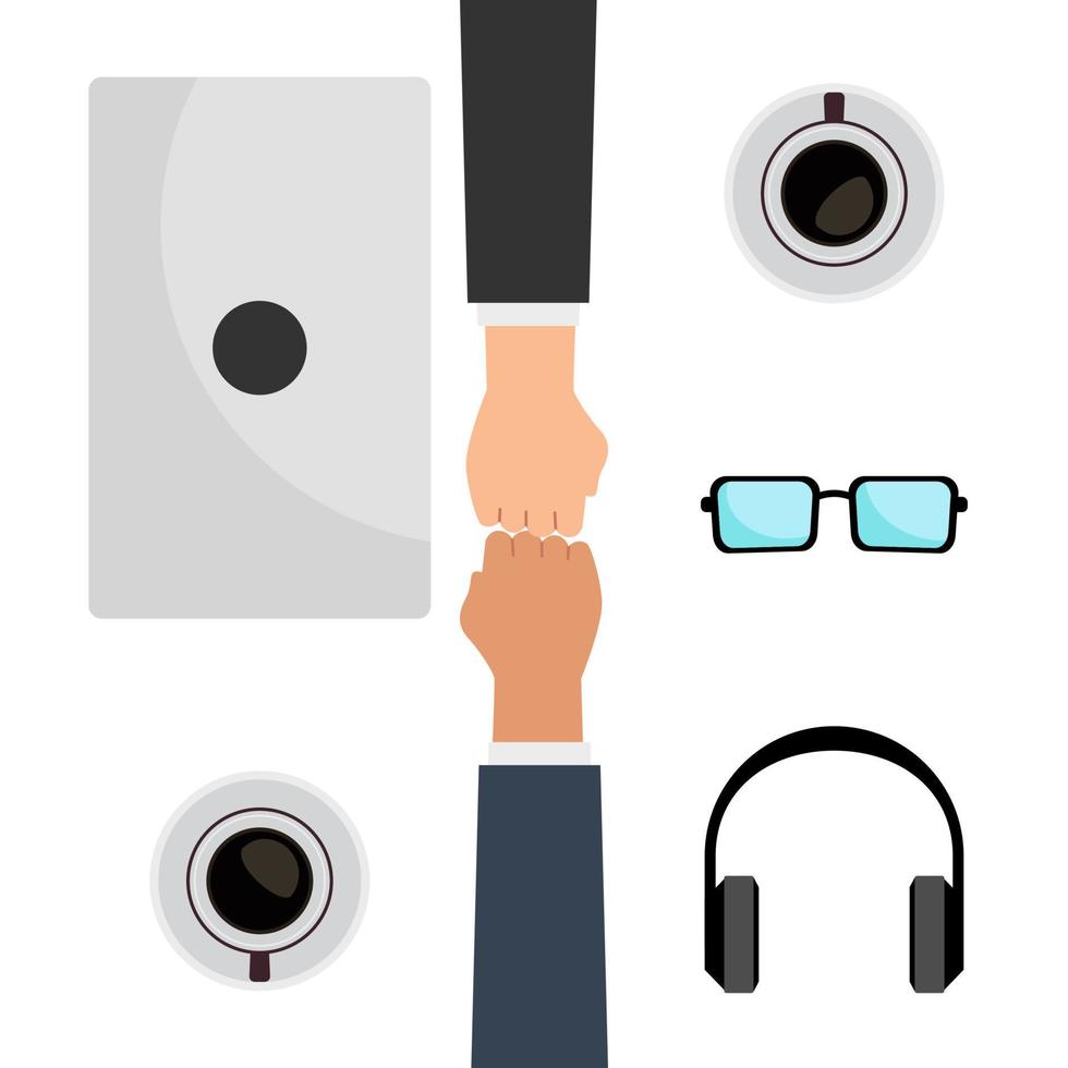 Illustration Of Two Businessmen Shaking Hands Together On the Desk as Business Deal Symbol. Vector Design Illustration