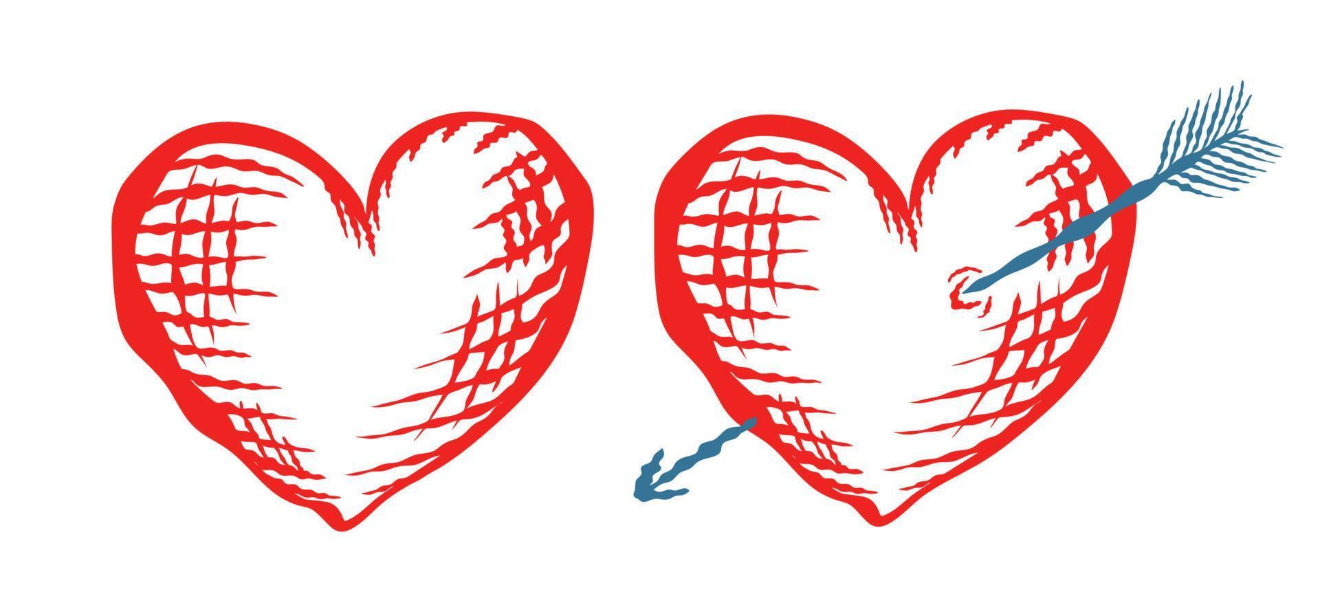 Vector icons of red hearts for Valentine's Day in hand drawing style. Vector illustrations of red heart with arrow.