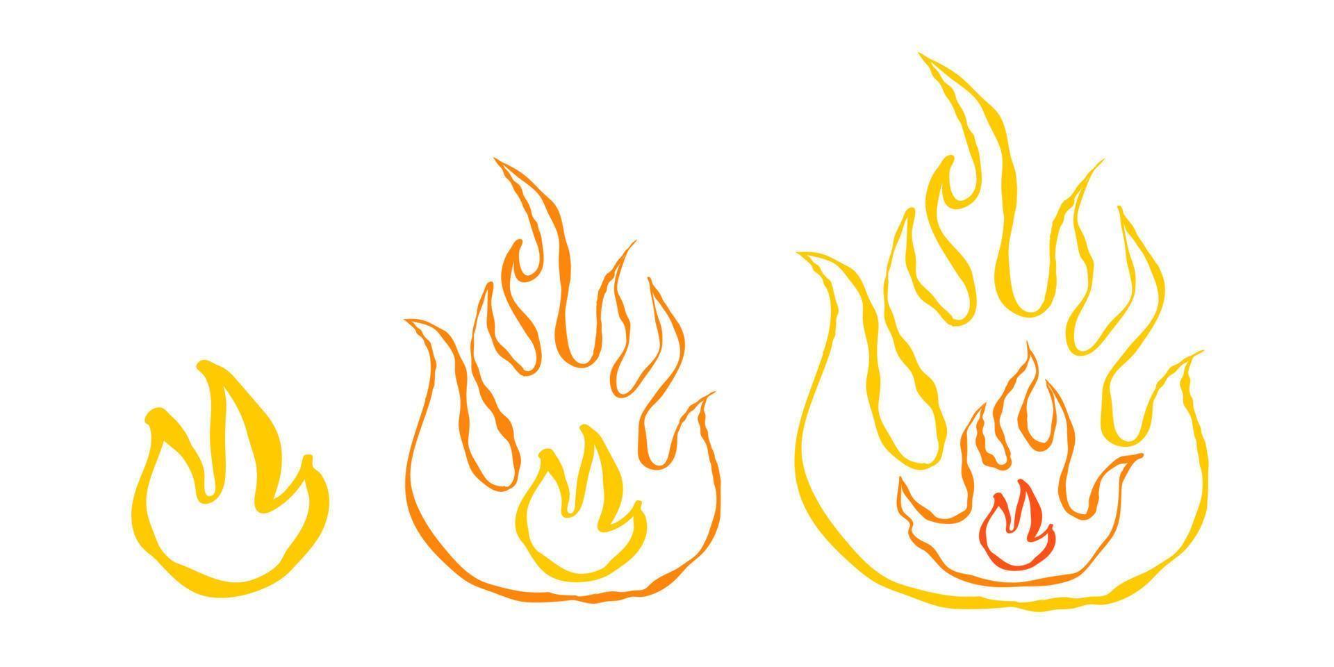 Vector set three icons of fire in hand drawing style. Vector illustrations of flame for games.