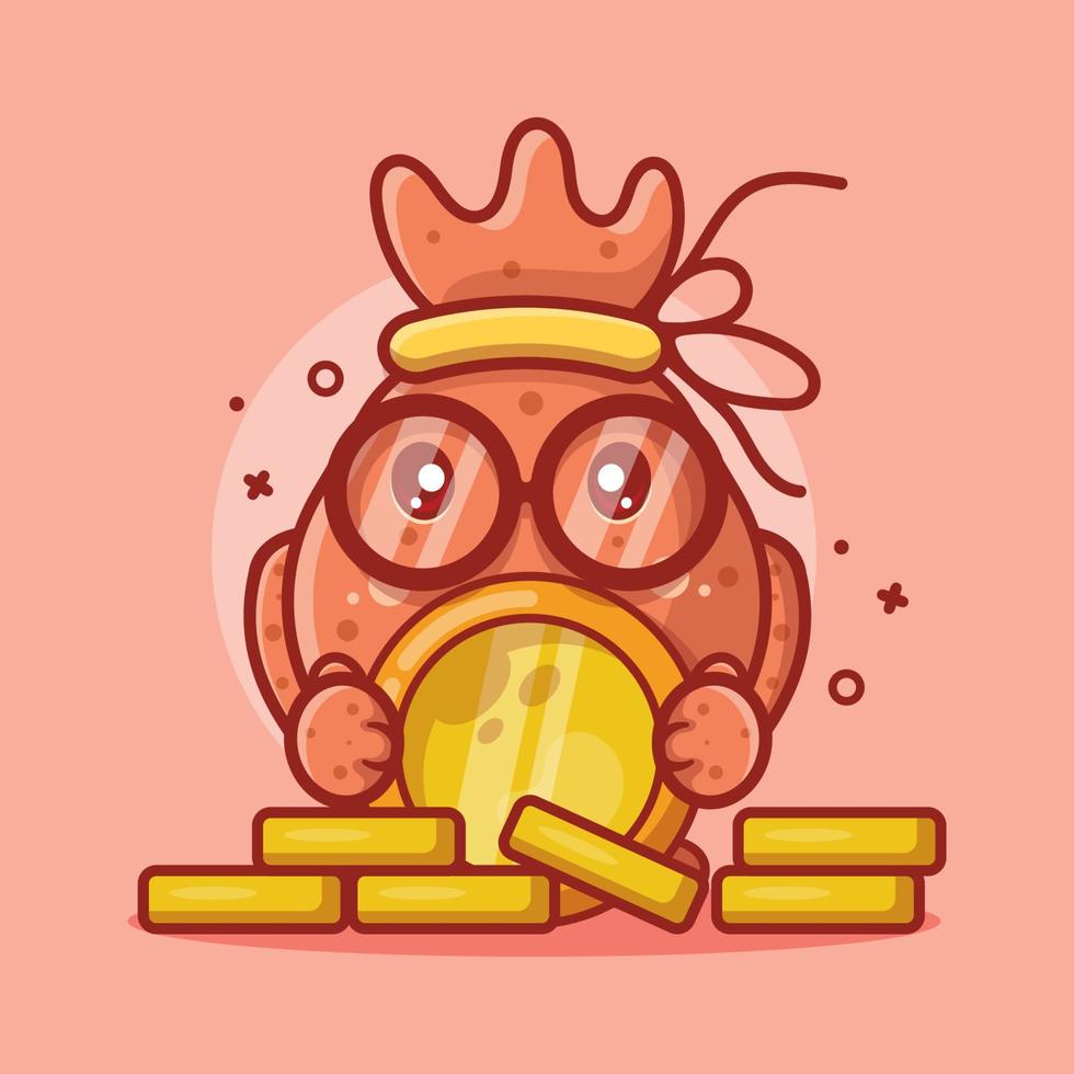 cute money bag character mascot holding gold coin isolated cartoon in flat style design vector