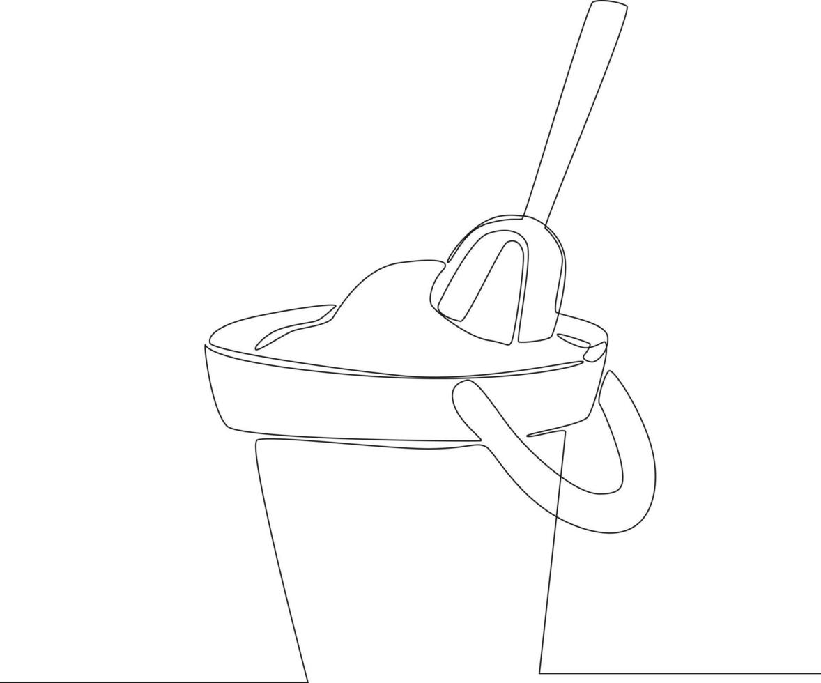 Simple continuous line drawing sand bucket  and shovel on beach. The symbol of a holiday by the sea. Summer timer. Vector Illustration.