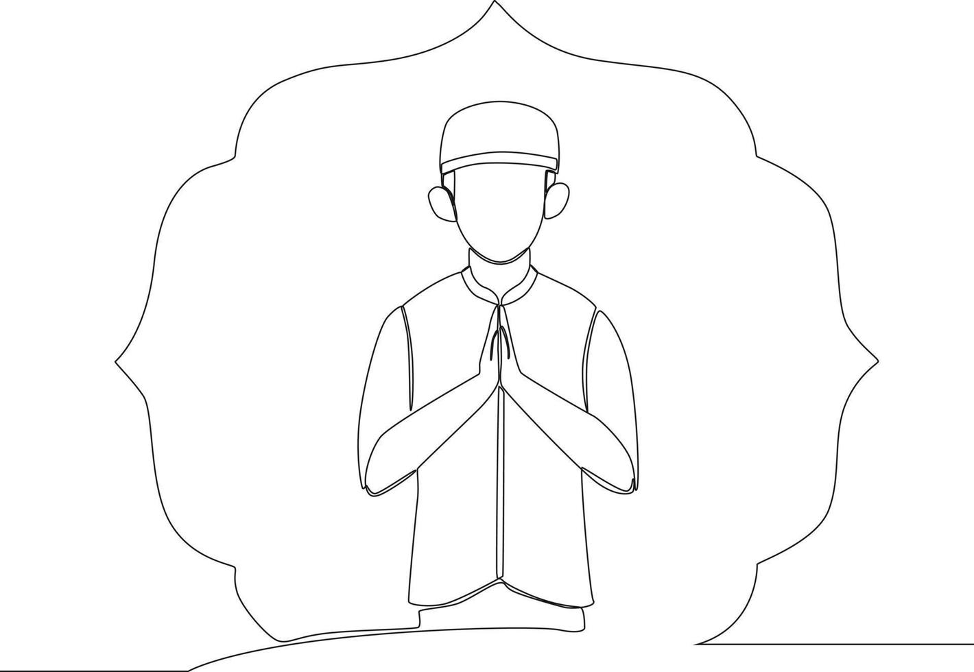 Simple continuous line young boy gesturing Eid Mubarak greeting isolated on white background. vector