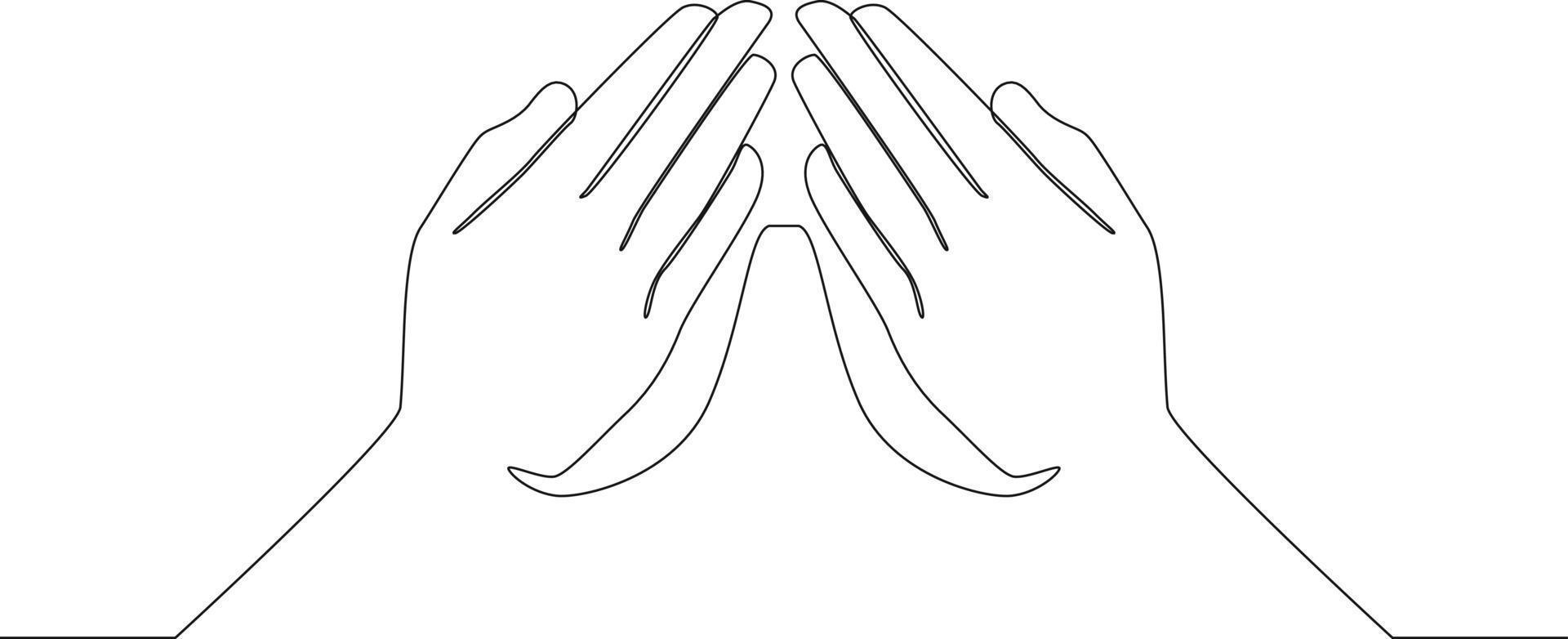 Continuous line drawing of greeting in muslim traditional way touching tip of finger. Ramadan kareem and ied mubarak. Vector illustration.