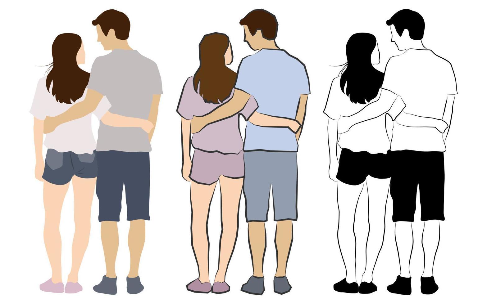 A couple standing and holding together. Line art. vector