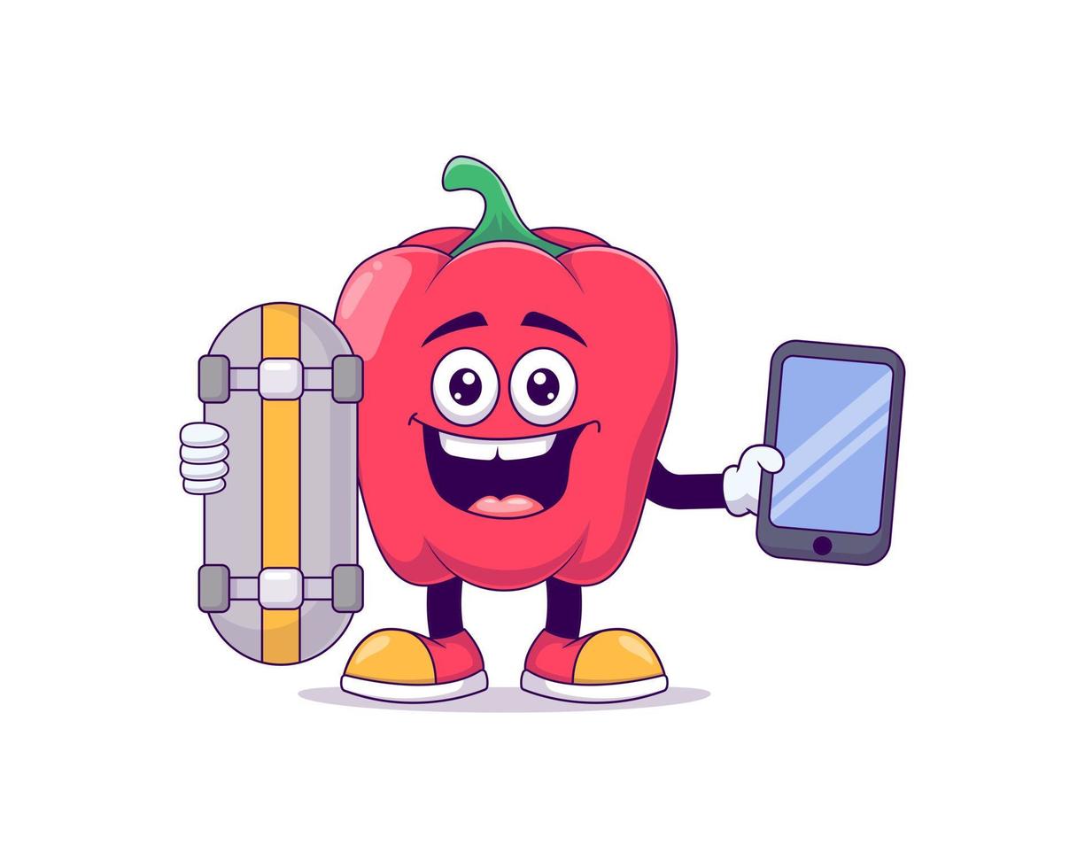 red bell pepper playing skateboard cartoon mascot vector