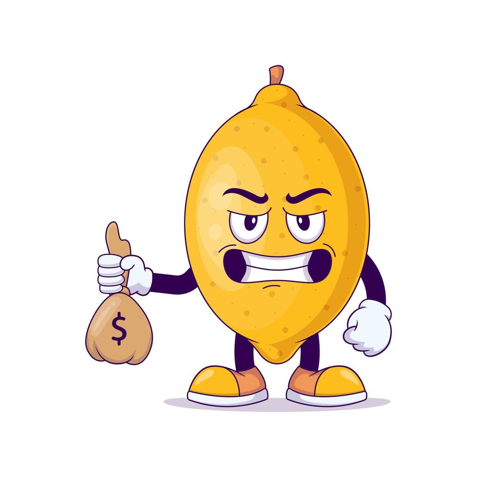 con bolsa de dinero limón caricatura mascota personaje vector