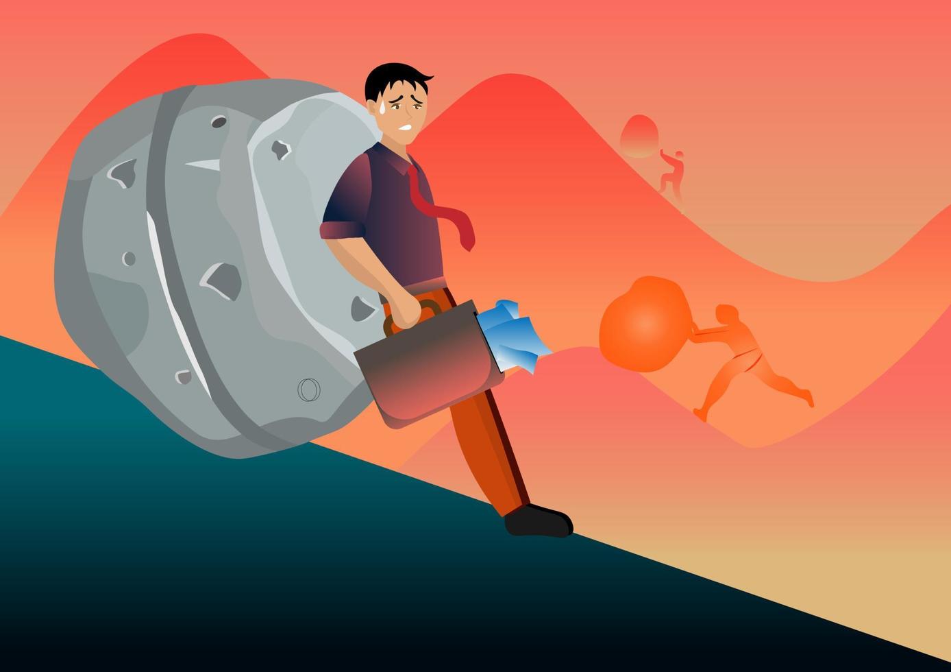 Businessman stopping a giant rolling rock. Concept business vector illustration.