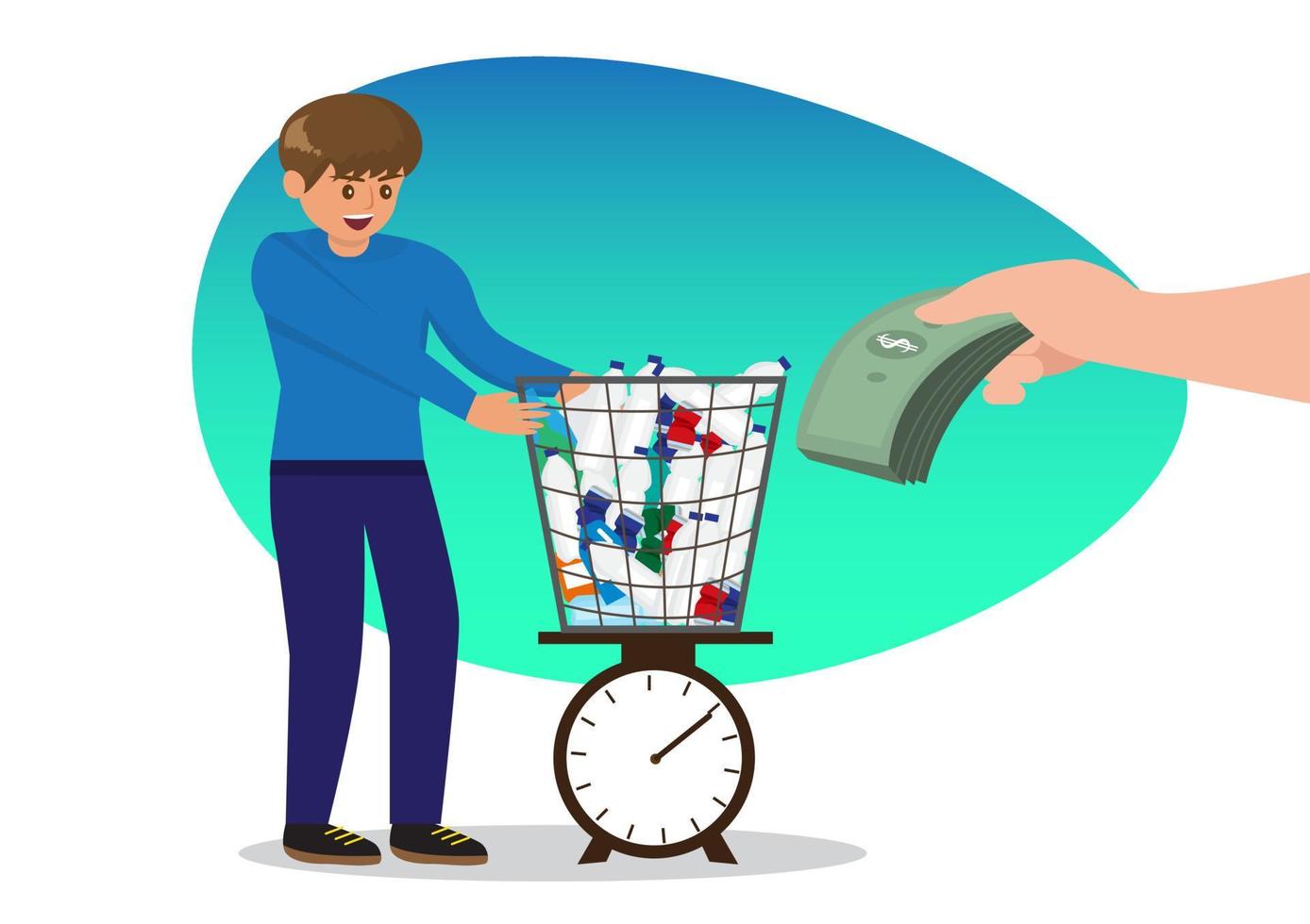 A young man brings plastic bottles and aluminum cans. to sell to stores that continue to recycle this type of waste.  illustration vector cartoon