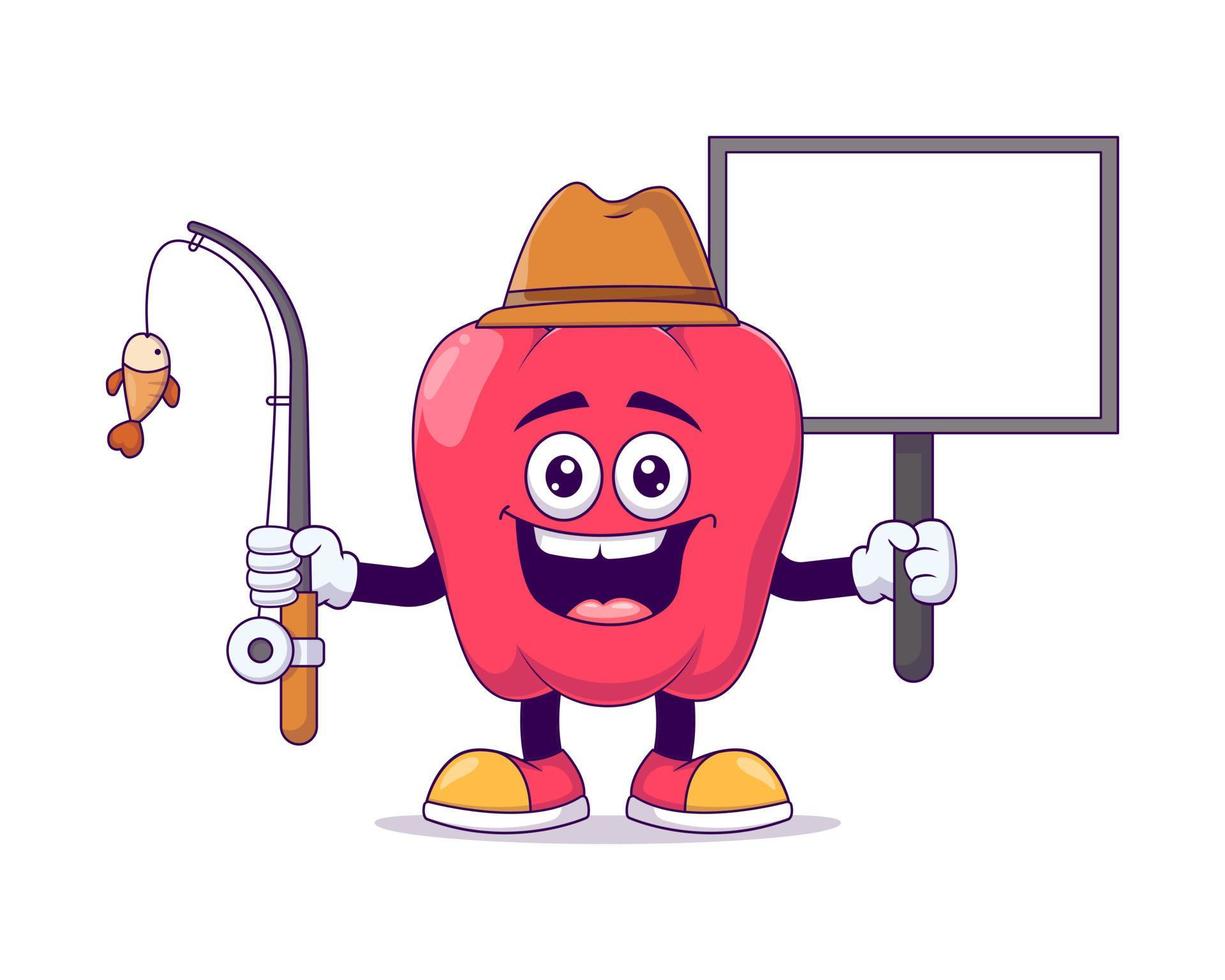 Angler red bell pepper cartoon mascot character vector
