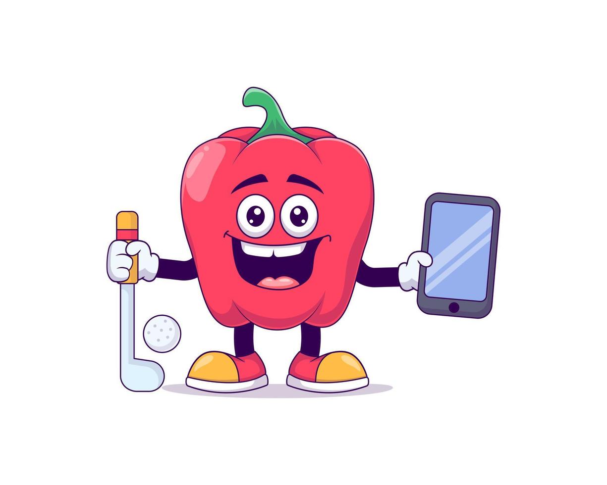 red bell pepper playing golf cartoon mascot vector