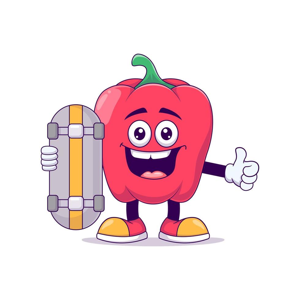 red bell pepper playing skateboard cartoon mascot vector