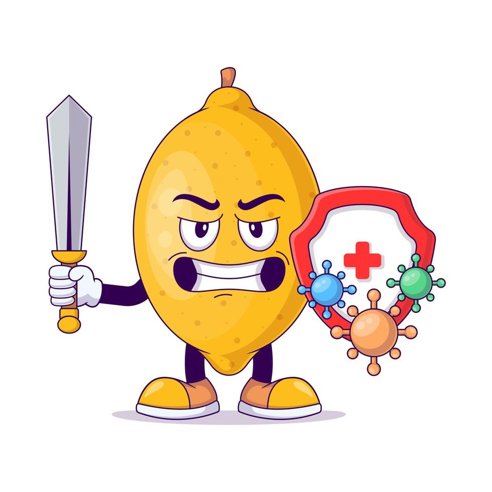 Fight with virus lemon cartoon mascot character vector