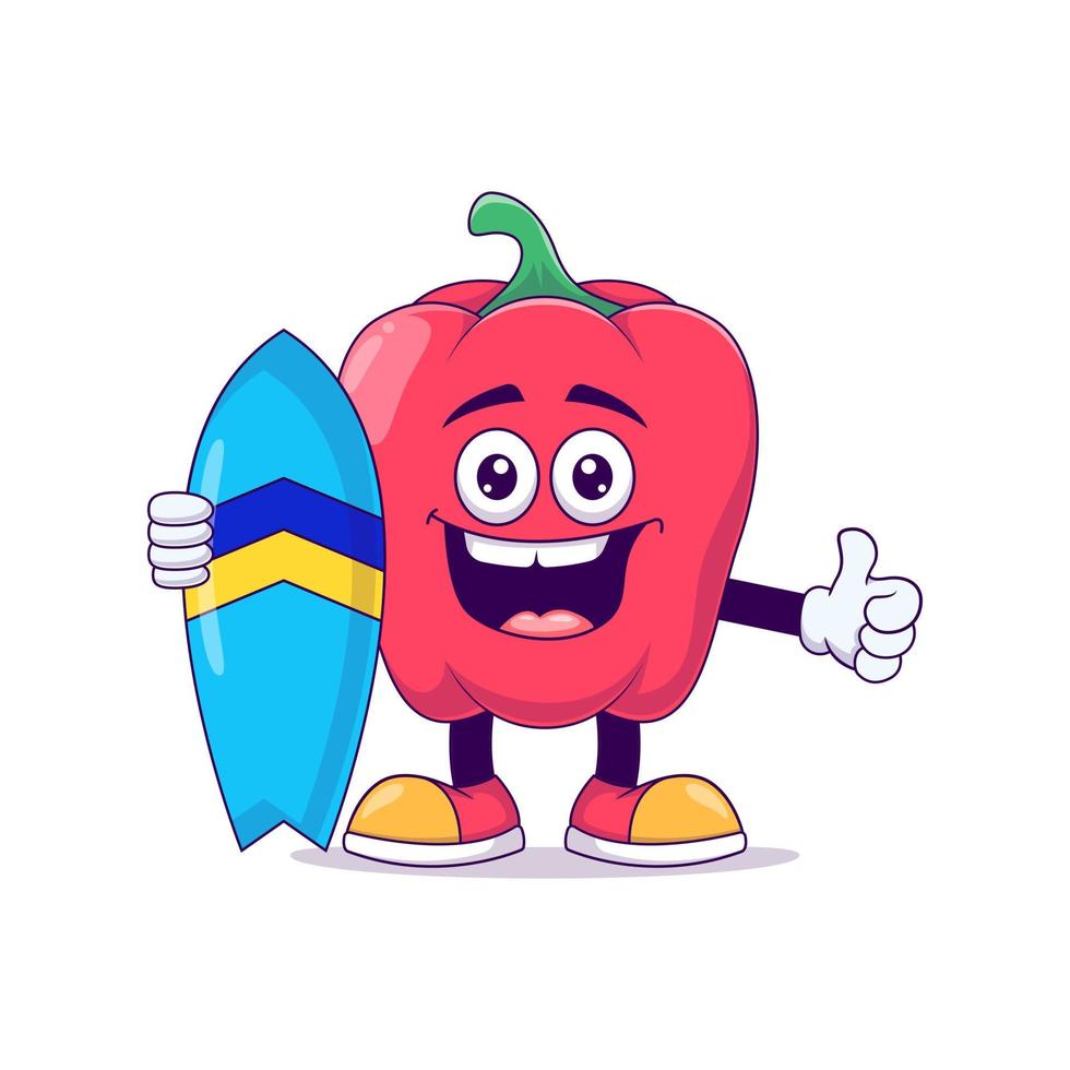 red bell pepper playing surfing cartoon mascot vector