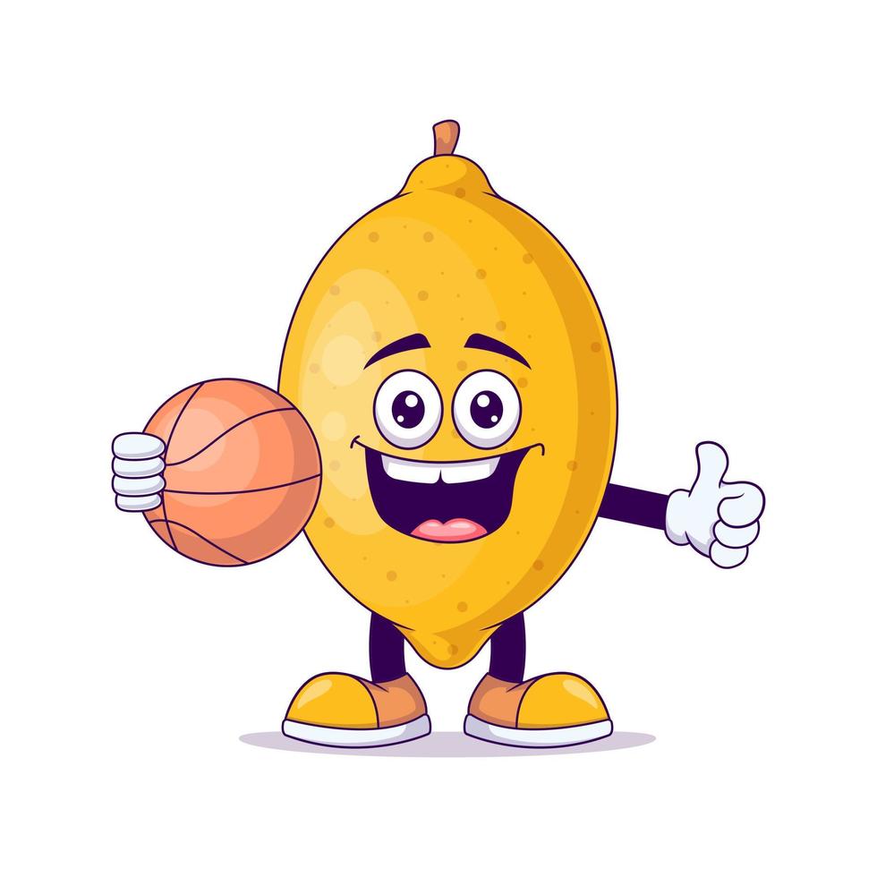personaje de mascota de dibujos animados de limón jugando baloncesto vector