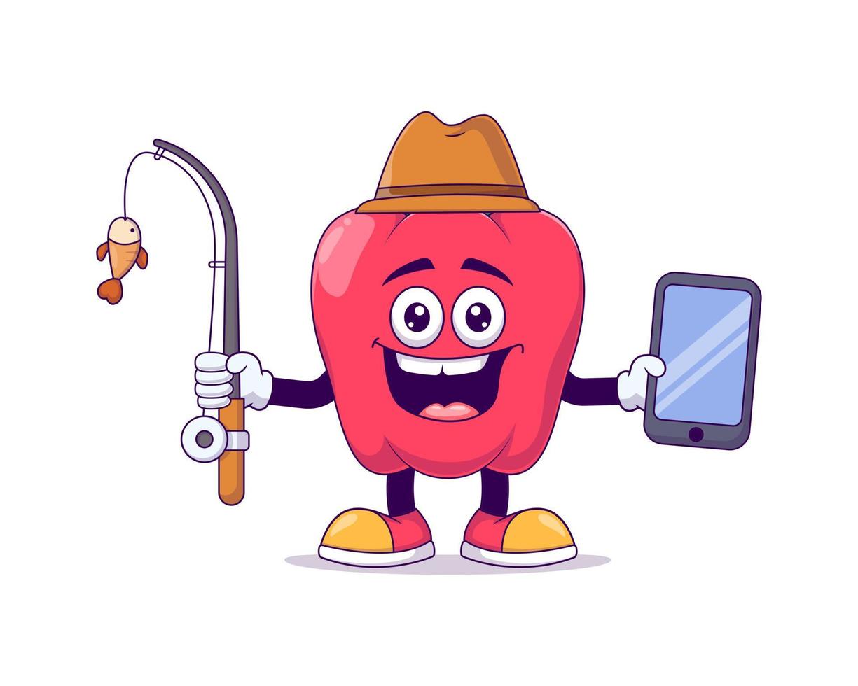 personaje de mascota de dibujos animados de pimiento rojo pescador vector