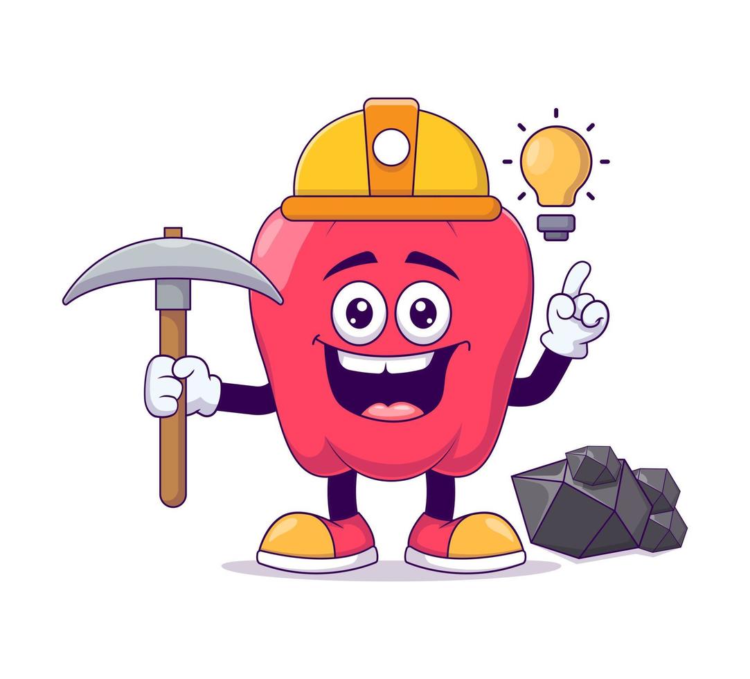 Miner red bell pepper cartoon mascot character vector