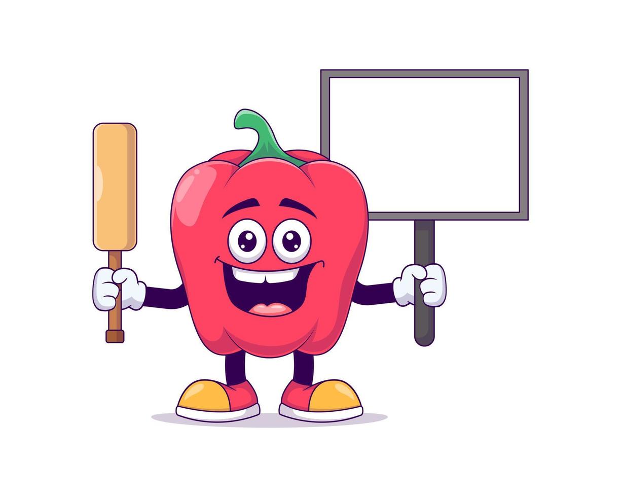 red bell pepper playing cricket cartoon mascot vector