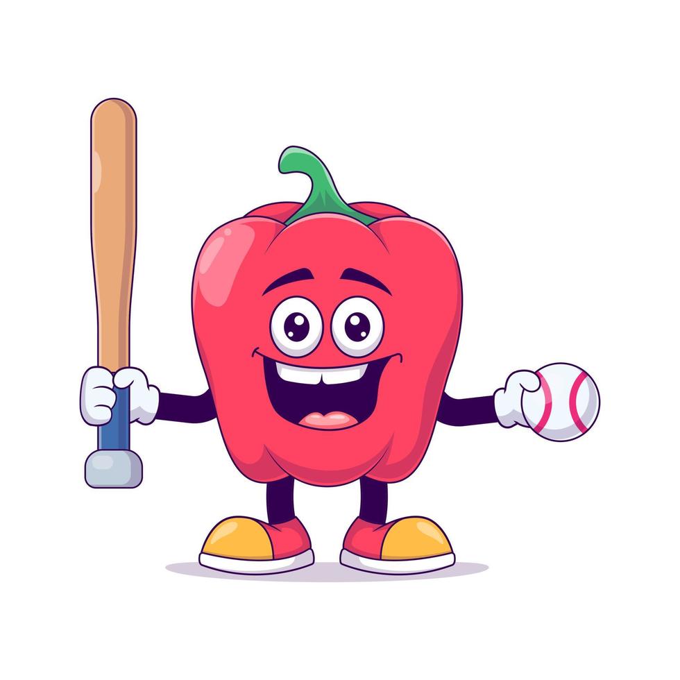 red bell pepper playing baseball cartoon mascot vector