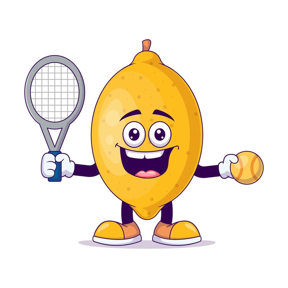 limón jugando tenis dibujos animados mascota personaje vector