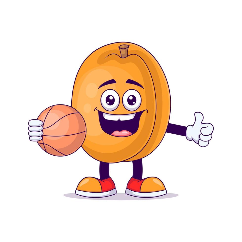 personaje de mascota de dibujos animados de melocotón jugando baloncesto vector