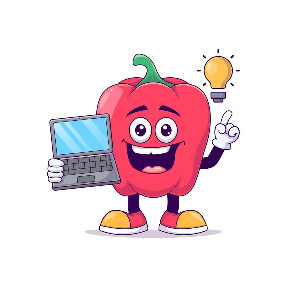 With laptop red bell pepper cartoon mascot vector