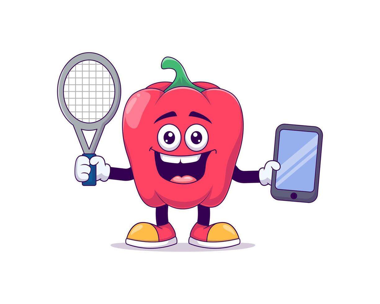 red bell pepper playing tennis cartoon mascot vector