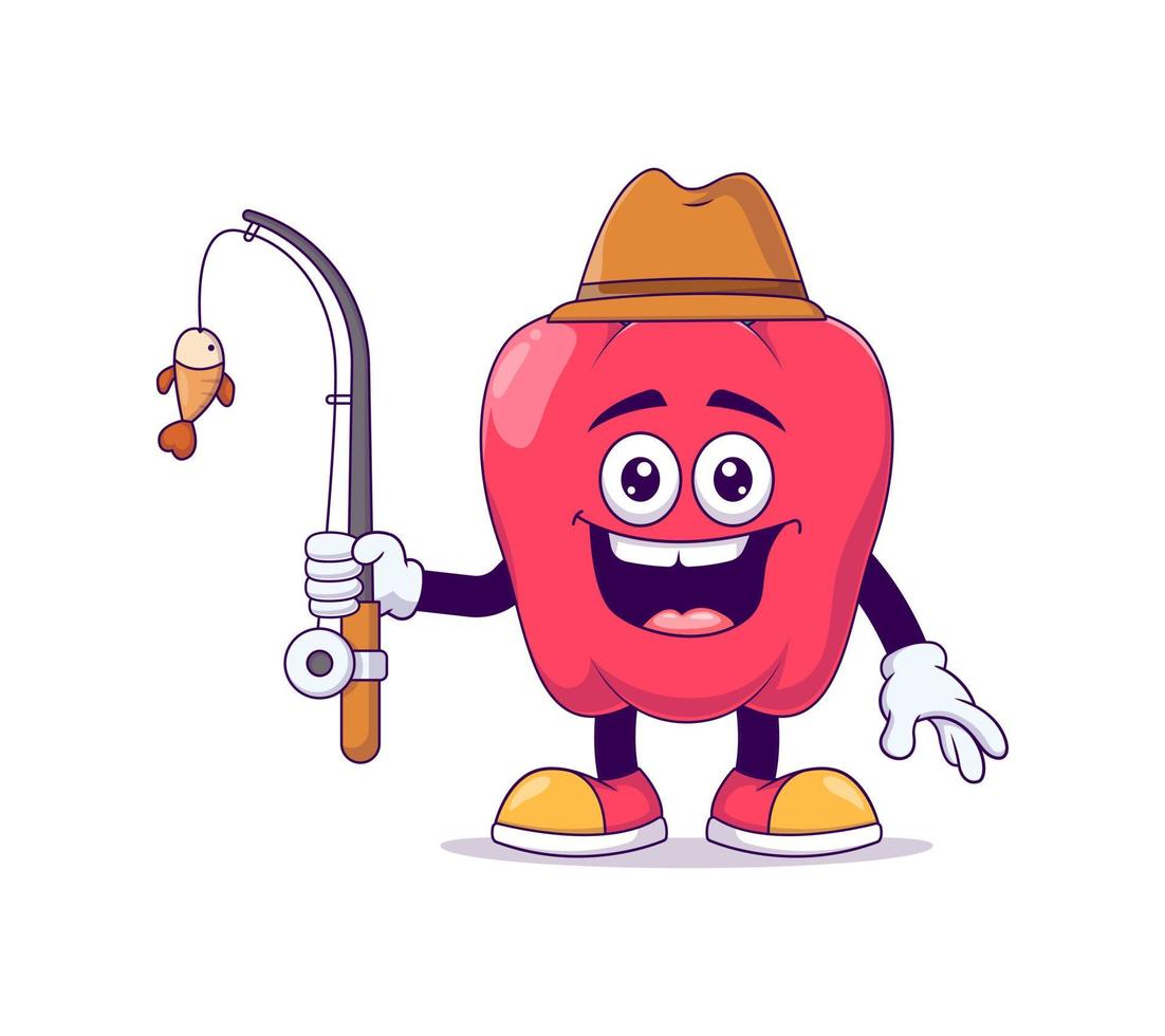 personaje de mascota de dibujos animados de pimiento rojo pescador vector