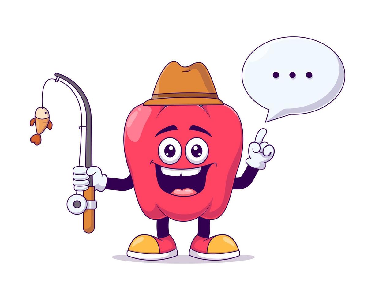 personaje de mascota de dibujos animados de pimiento rojo pescador vector