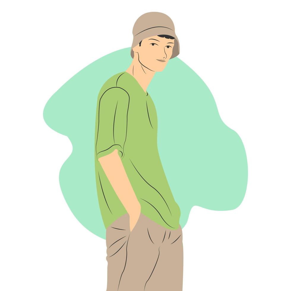 Male character wearing hat and casual clothes in flat cartoon style. Vector illustration