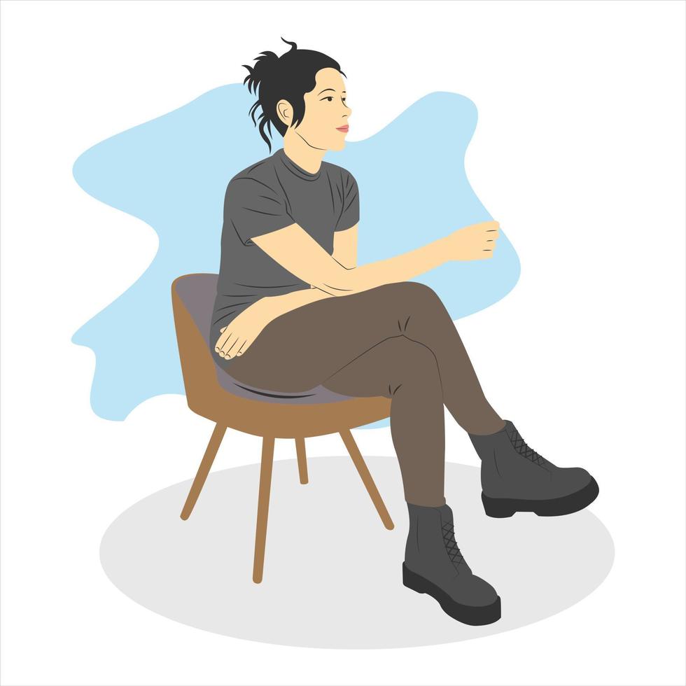 Female character in rock n roll style sitting relaxed on wooden chair. Flat cartoon illustration vector