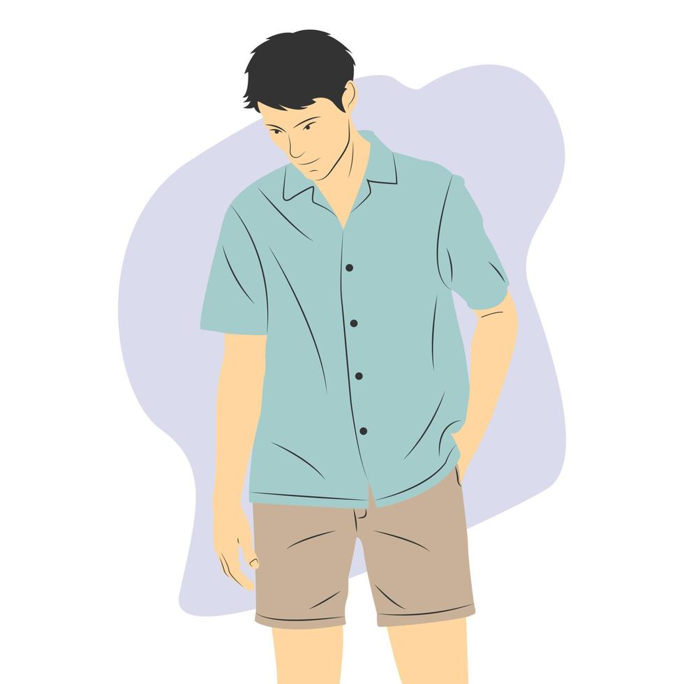 The male character is standing and looking down. Flat style cartoon vector illustration