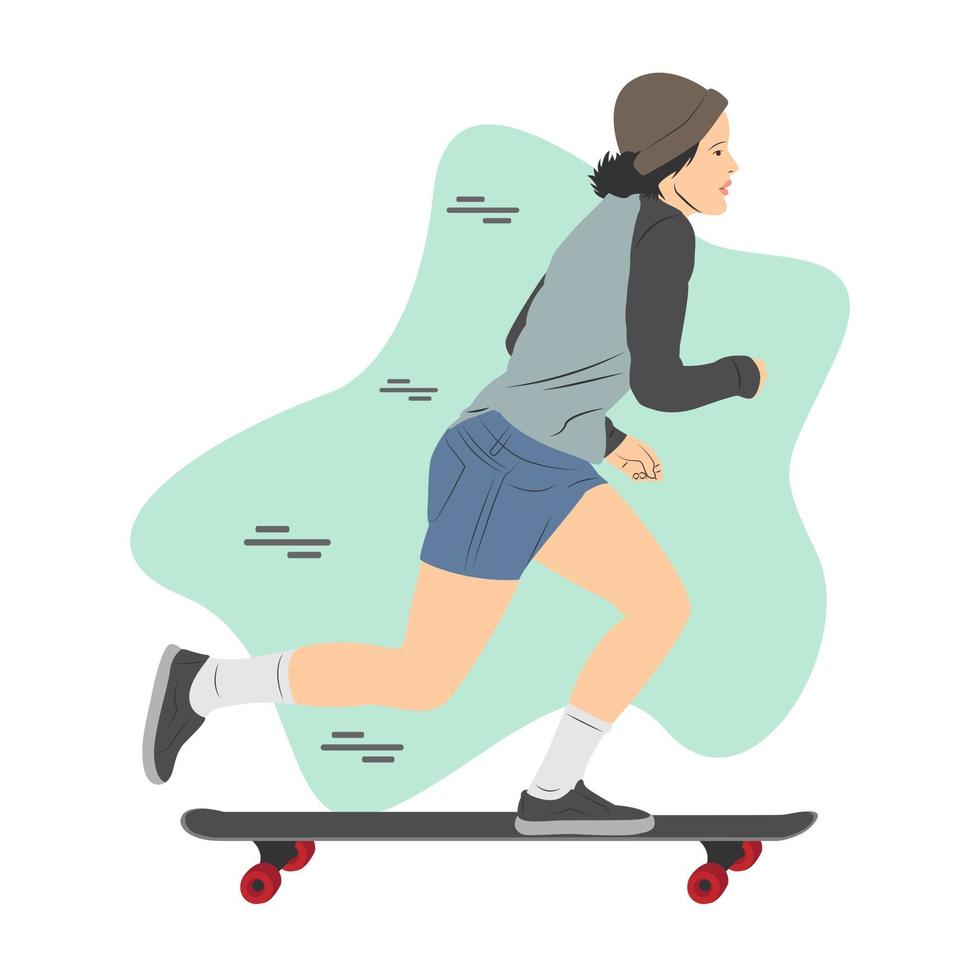 Teenage girl character riding a skateboard. Flat cartoon vector illustration