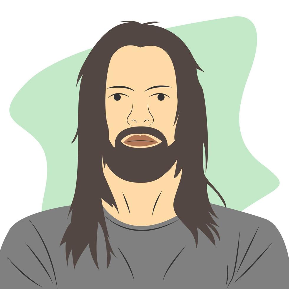 Male character with long hair and beard. Flat cartoon vector illustration