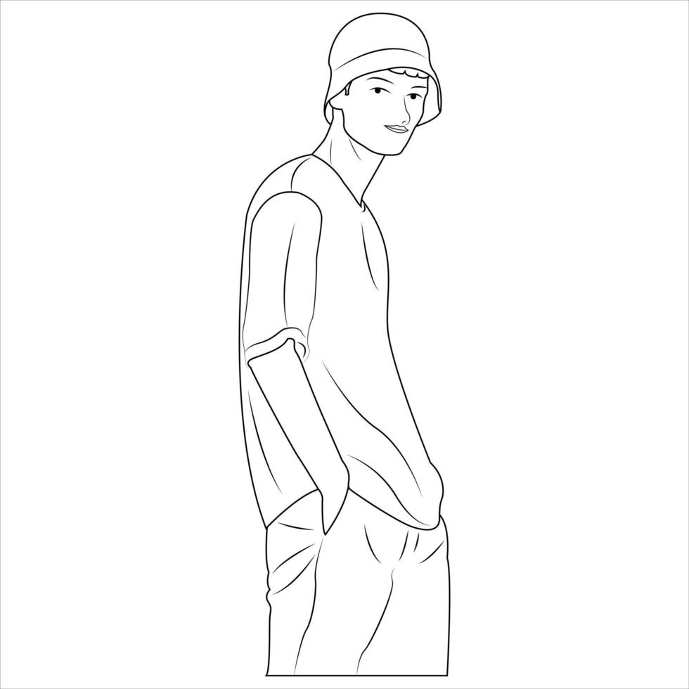 Cartoon character for coloring book. A man wearing hat and casual clothes. Vector illustration