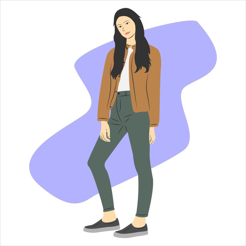 hermoso y lindo personaje femenino posando con una chaqueta. ilustración vectorial de dibujos animados plana vector