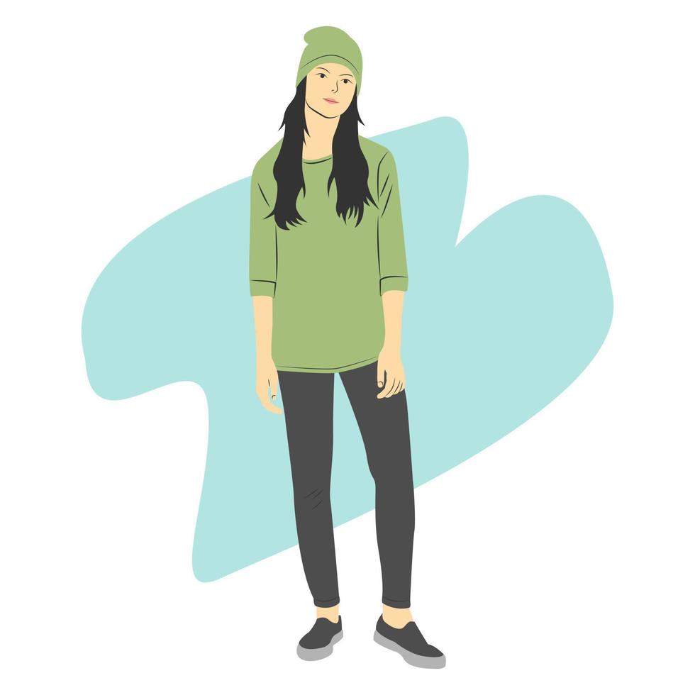 personaje femenino hermoso y lindo con ropa informal verde. ilustración vectorial de dibujos animados plana vector