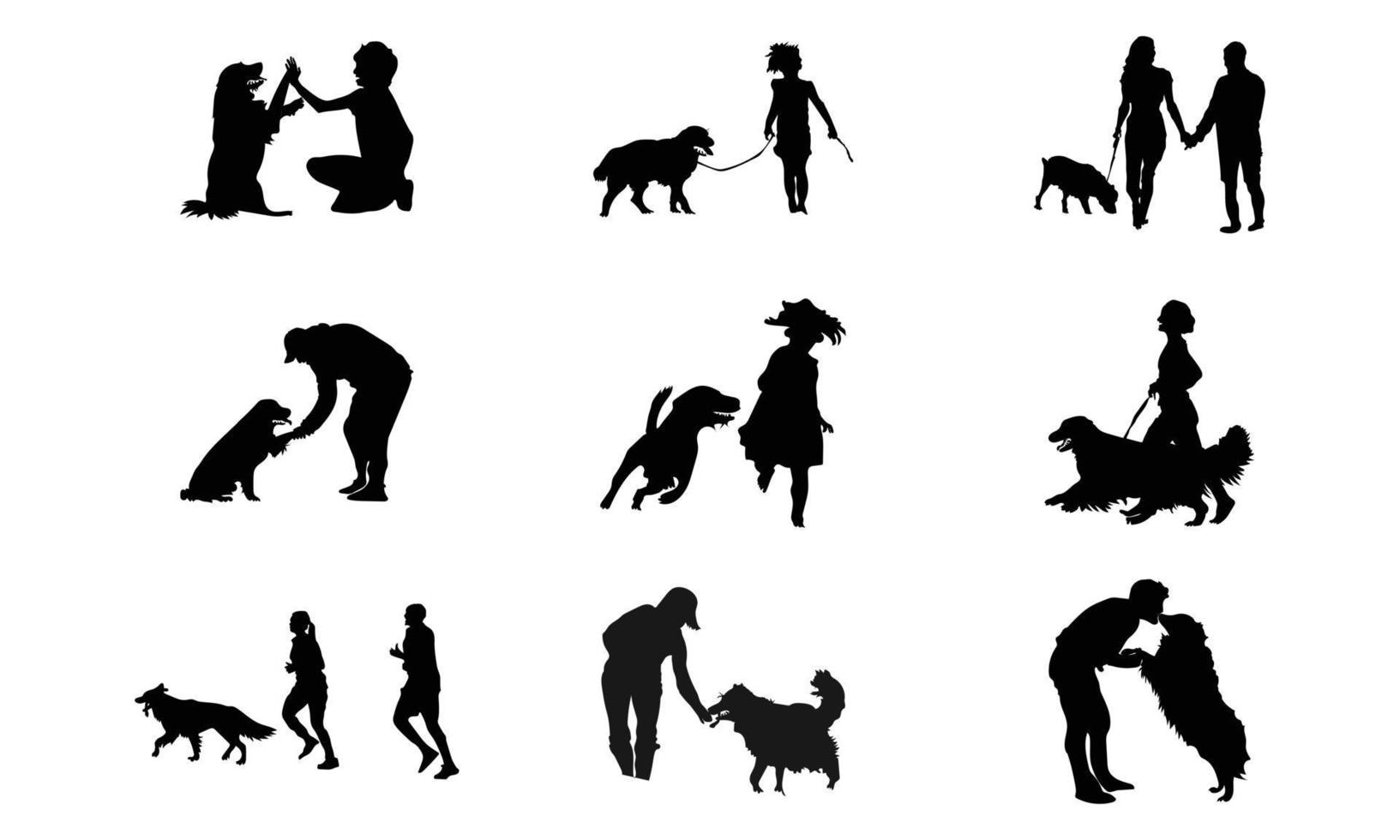 Vector silhouette of people with dog on white background.