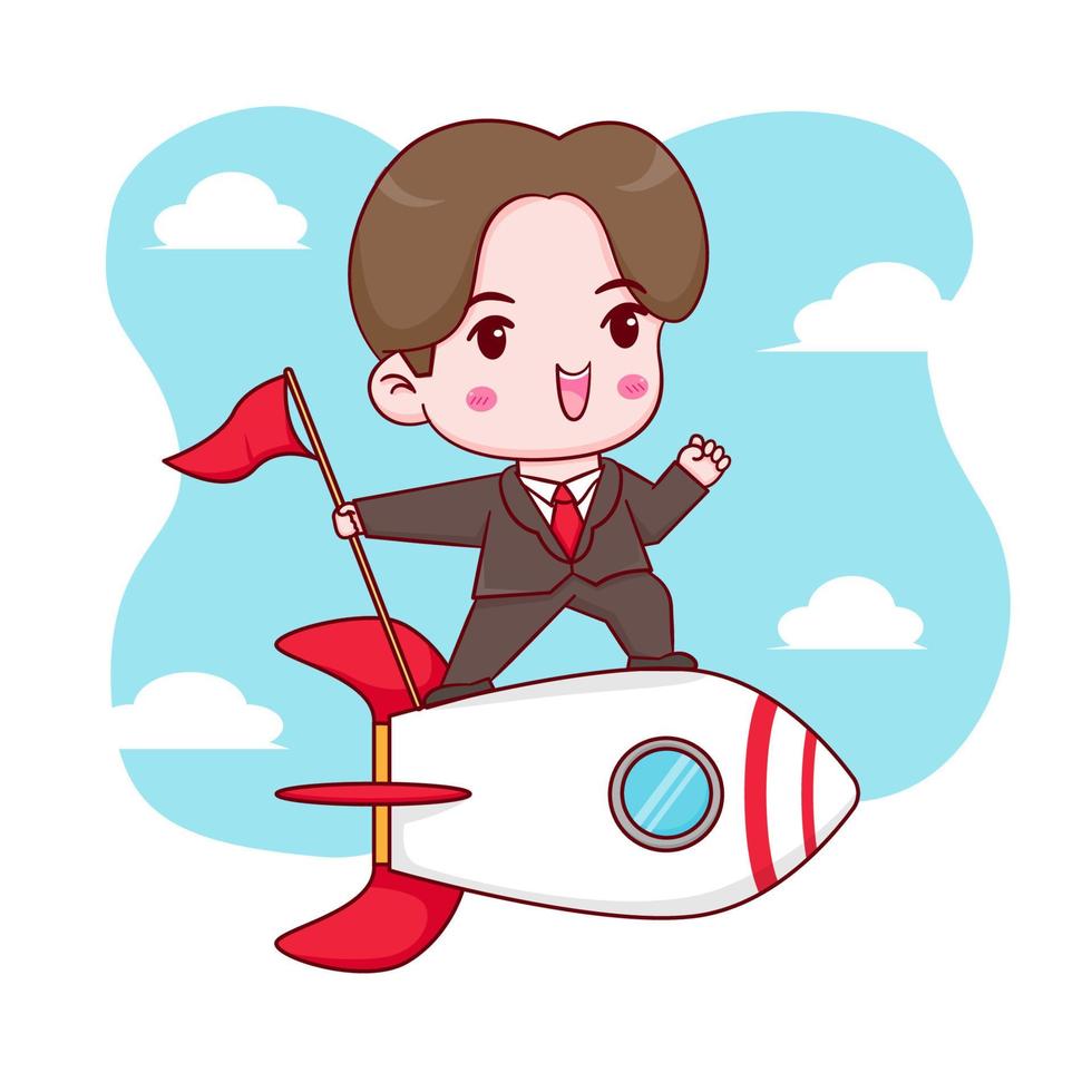 Cute cartoon character of businessman standing on rocket ship. Hand drawn style flat character isolated background vector