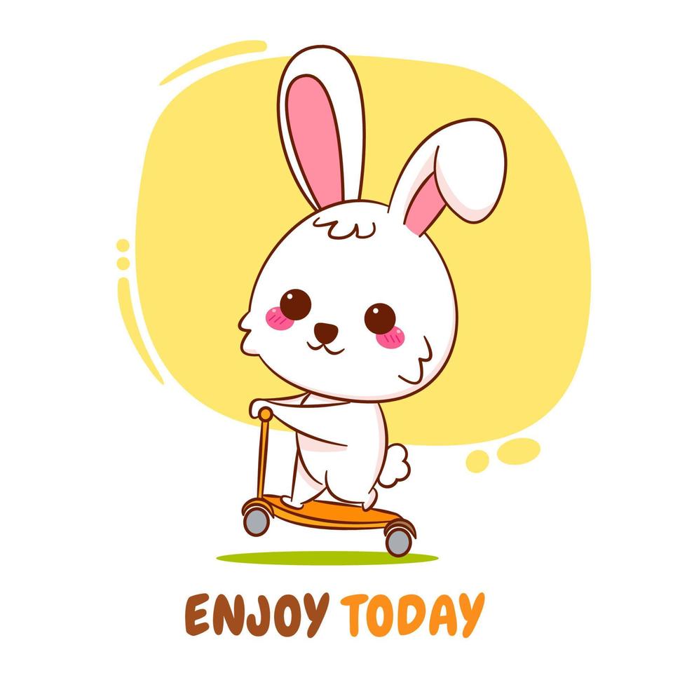 Cute cartoon character of bunny riding scooter. Hand drawn style flat character vector