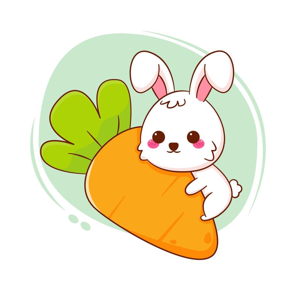 Cute cartoon character of bunny hugging big carrot. Hand drawn style flat character vector
