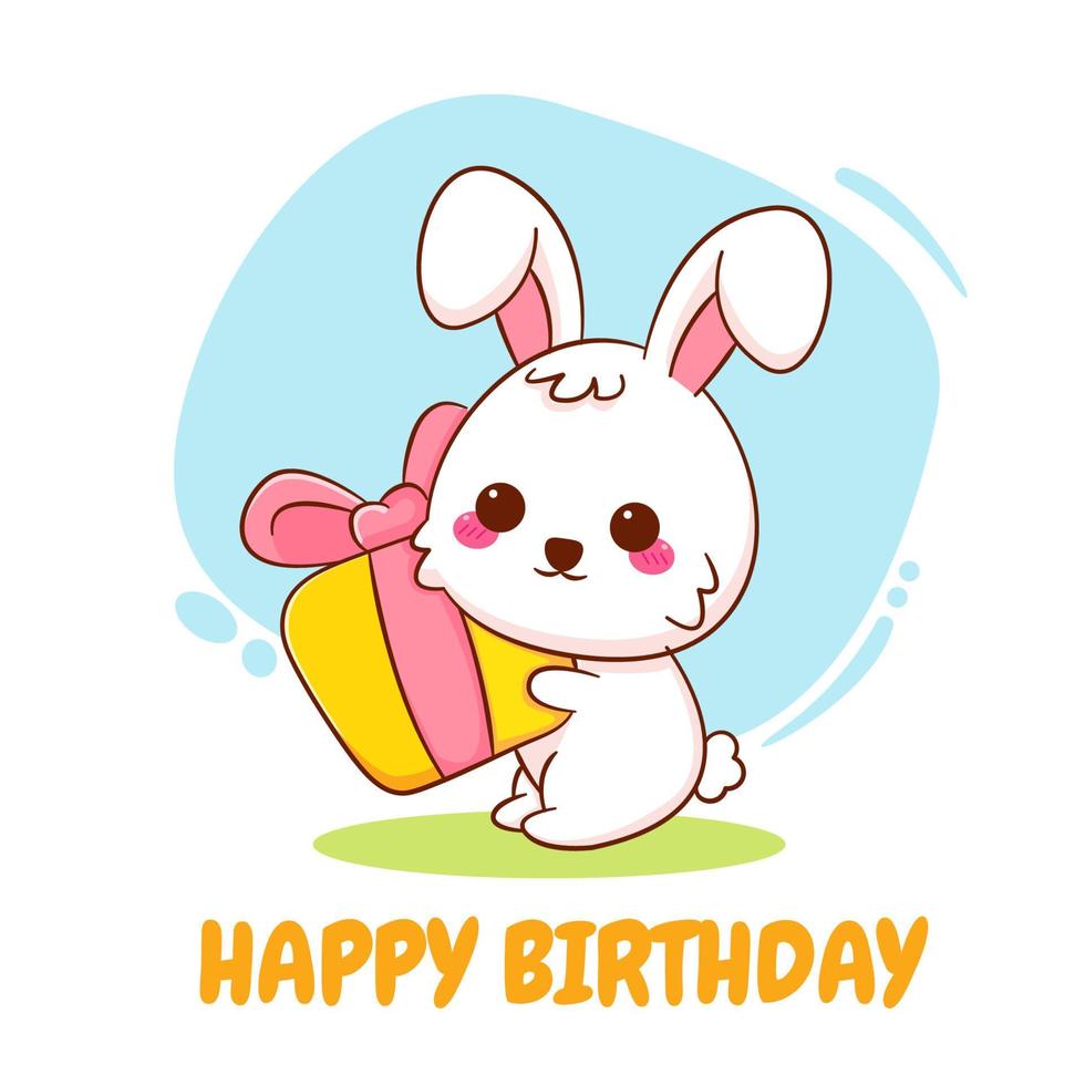 Cute cartoon character of bunny with giftbox. Hand drawn style flat character vector