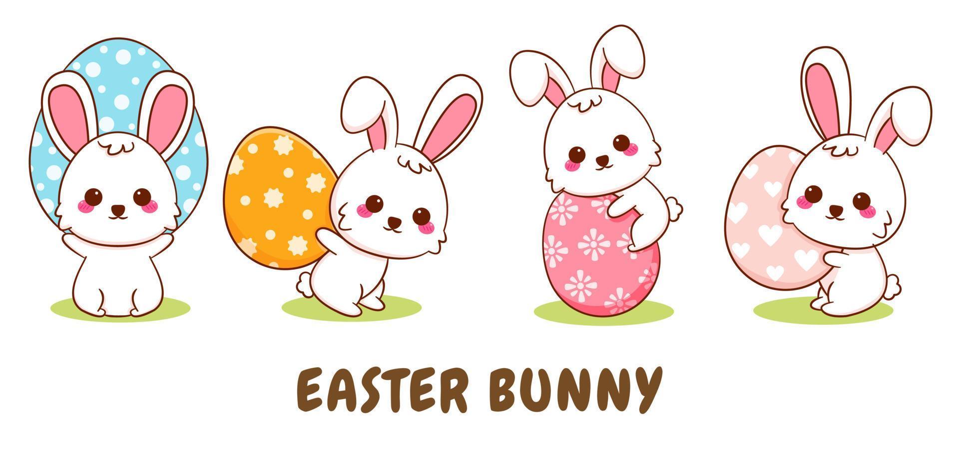 Cute cartoon character of bunny with easter eggs. Hand drawn style flat character vector