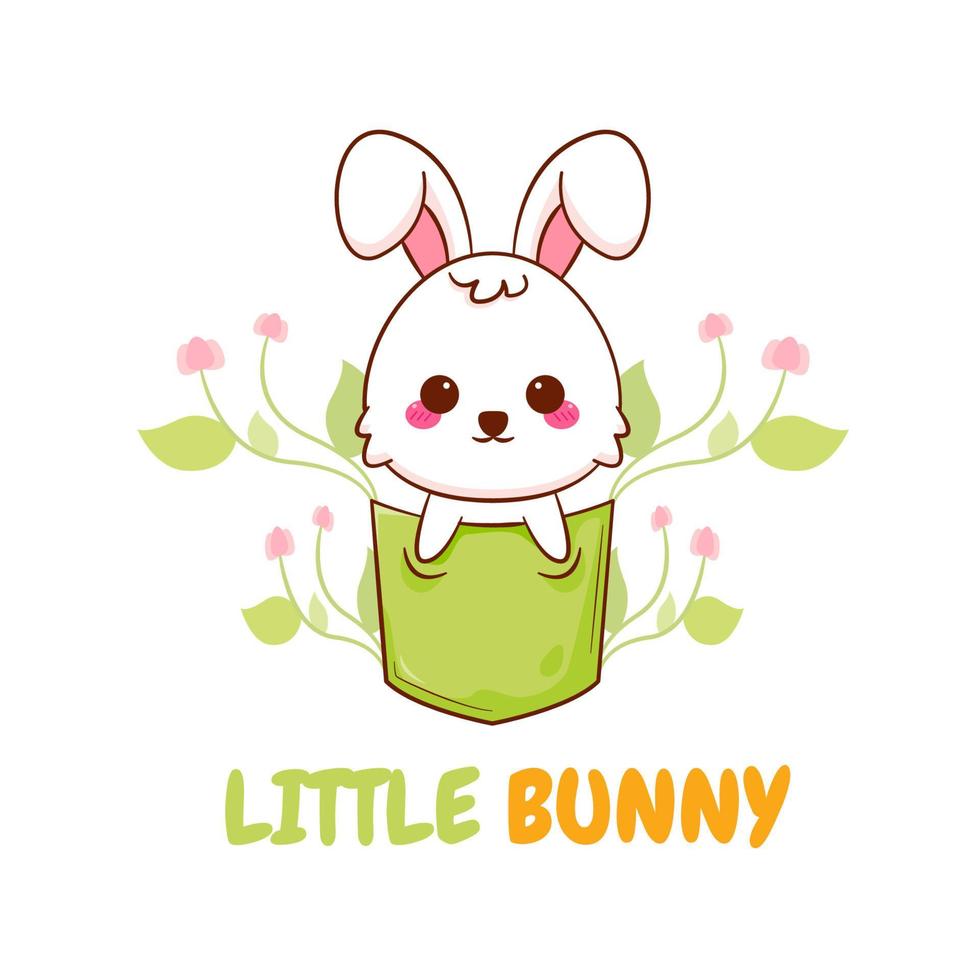 Cute cartoon character of bunny in pocket. Hand drawn style flat character vector